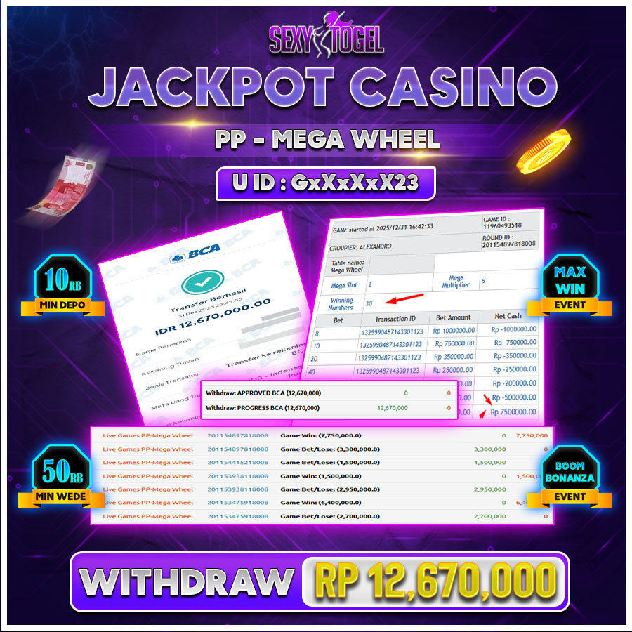 SEXYTOGEL JACKPOT CASINO PP - MEGA WHEEL Rp.12.670.000.,-LUNAS